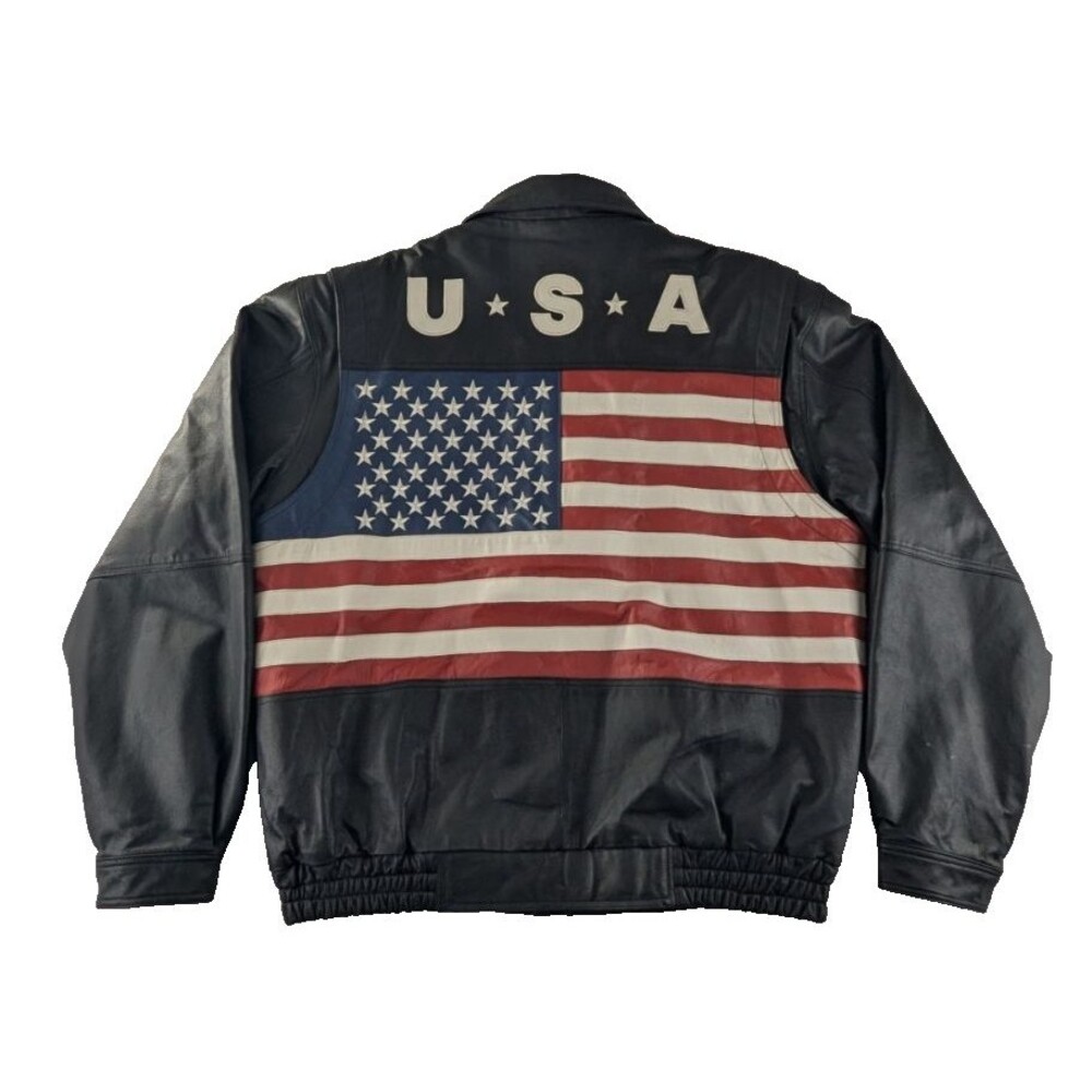 Wilda Genuine Leather Motorcycle Jacket Size 2XL XXL Mens USA Flag Patriotic